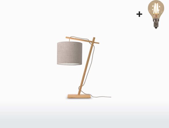 Tafellamp – ANDES – Naturel Bamboe - Donker Linnen - Met LED-lamp