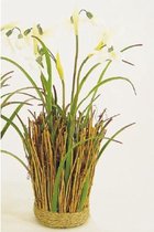 Kunstplant - Kunstbloem - Sneeuwklokje - Takjes  - Gebonden met touw - 25 x 7 cm - In cadeauverpakking met gekleurd lint