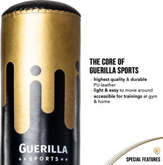 Zwart met gouden, abstracte druppelpatronen en Guerilla Sports logo op staande bokszak.