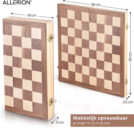 Thumbnail van een extra afbeelding van het spel Allerion® Luxe Schaak Set - Schaken - 100% natuurlijk hout - in handige opbergkoffer - Bord grootte 38cm x 38cm - Met 2 extra Dames - Voor Beginners en Experts - Inclusief uitgebreide schaak-handleiding