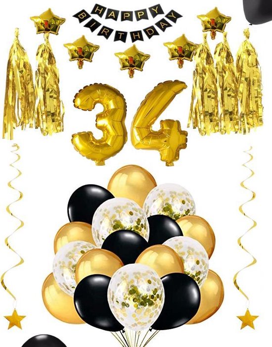 34 jaar verjaardag feest pakket Versiering Ballonnen voor feest 34 jaar. Ballonnen slingers sterren opblaasbare cijfers 34