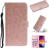 Voor Samsung Galaxy A41 Glitterpoeder Horizontaal Flip Leren Case met Kaartsleuven & Houder & Fotolijst & Portemonnee (Rose Goud)