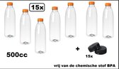 15x Flesje PET helder 500cc met oranje dop + 15 zwarte doppen - drink fles vruchten sap limonade drank