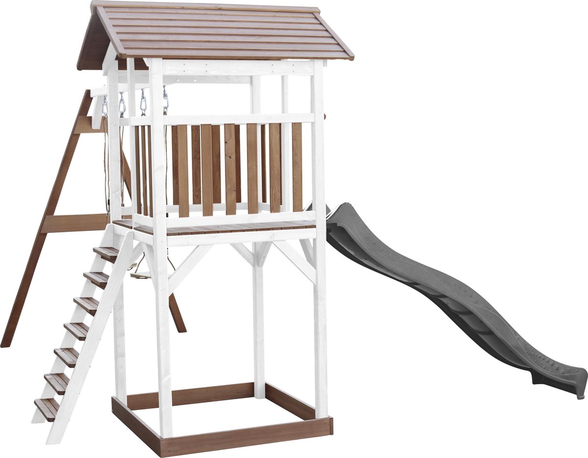 AXI Beach Tower Speeltoestel in Bruin/Wit - Speeltoren met Dubbele Schommel, Grijze Glijbaan en Zandbak - FSC hout - Speelhuis op palen voor de tuin — afbeelding 15
