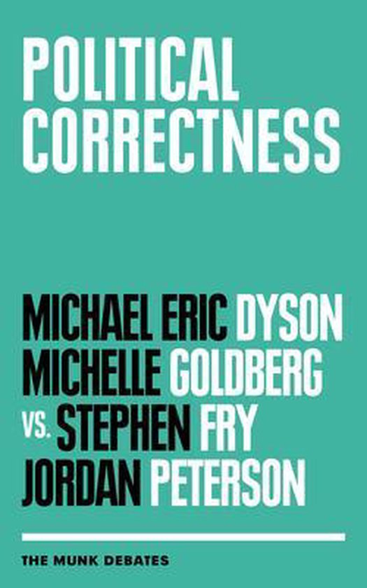 Boekcover met de titel 'Political Correctness' en namen van debaters op een groene achtergrond.