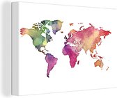 Canvas Wereldkaart - 60x40 - Wanddecoratie Wereldkaart - Waterverf - Regenboog