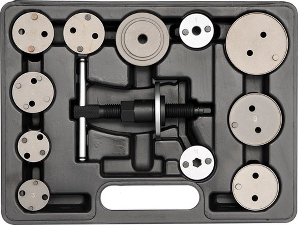 YATO YT-0611 Professionele Remzuiger Terugstelset – 12-Delig – Spindel & 10 Adapterplaten – Voor Vervangen Remblokken – Gehard Koolstofstaal – Inclusief Koffer