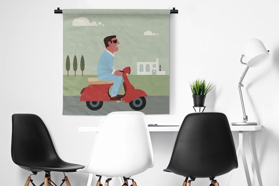 Tapisserie Illustration Vespa - Illustration d'un homme sur une Vespa rouge Tapisserie coton 90x90 cm - Tapisserie avec photo