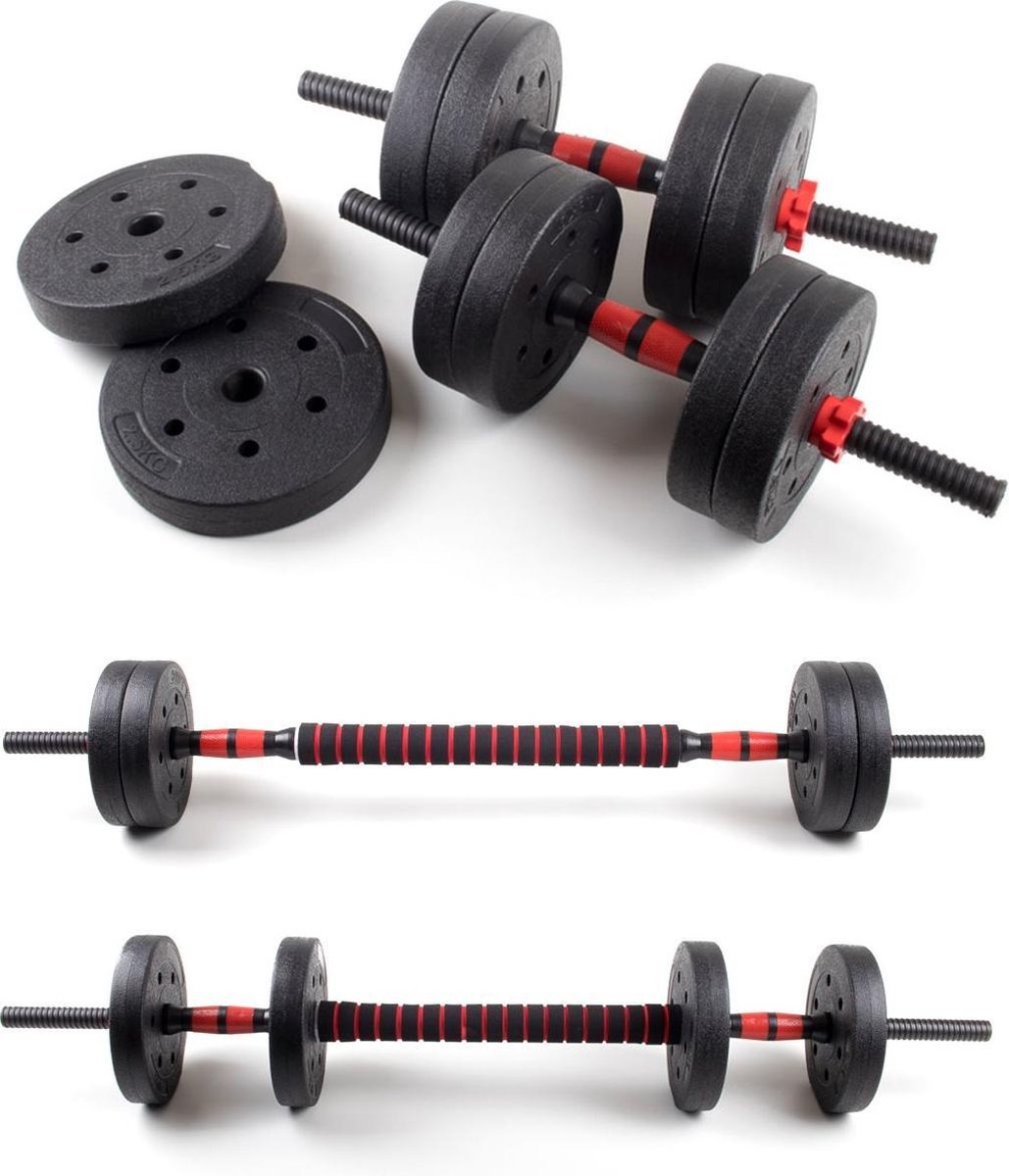 Dumbbellset 25 kg met halterstang - Dumbbells verstelbaar - Halterset - Fitness gewichten set - Rood/zwart