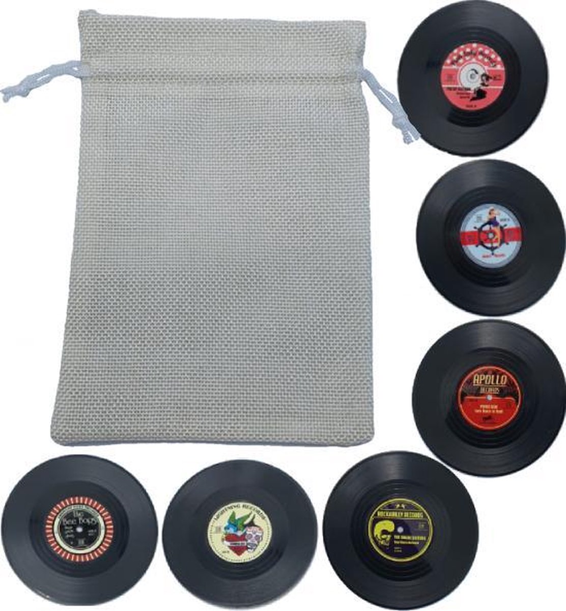 Retro Rockabilly LP Vinyl Onderzetters - 6 stuks - Met Wit Opbergzakje - oDaani