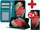 Samsung S21 Ultra Hoesje Book Case Met 2x Screenprotector - Samsung Galaxy S21 Ultra Hoesje Wallet Case Portemonnee Hoes Cover - Turquoise