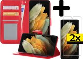 Samsung S21 Ultra Hoesje Book Case Met 2x Screenprotector - Samsung Galaxy S21 Ultra Case Wallet Hoesje Met 2x Screenprotector - Rood