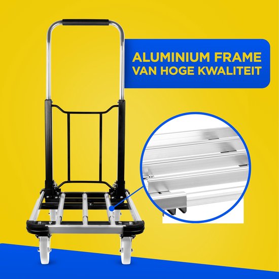 Zilveren steekwagen met close-up van het aluminium frame. Tekst: ALUMINIUM FRAME VAN HOGE KWALITEIT.