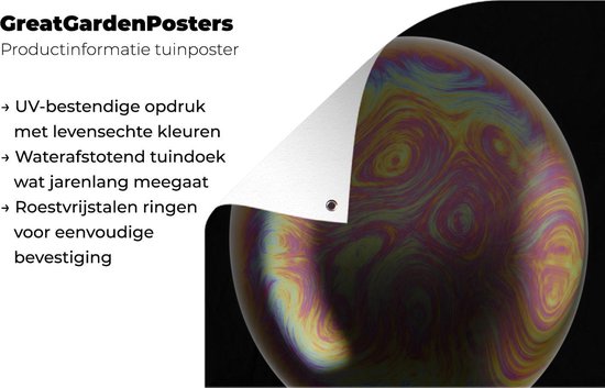 Tuinposter 60x80 cm - Tuindecoratie Zeepbel op zwarte achtergrond - Poster voor in de tuin - Buiten decoratie - Schutting tuinschilderij - Tuindoek muurdecoratie - Wanddecoratie balkondoek