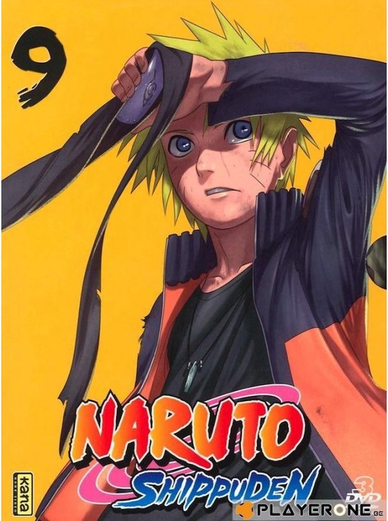 Naruto Shippuden volume 9 manga kaft, met Naruto met een zwarte bandana. Tekst: NARUTO SHIPPUDEN.