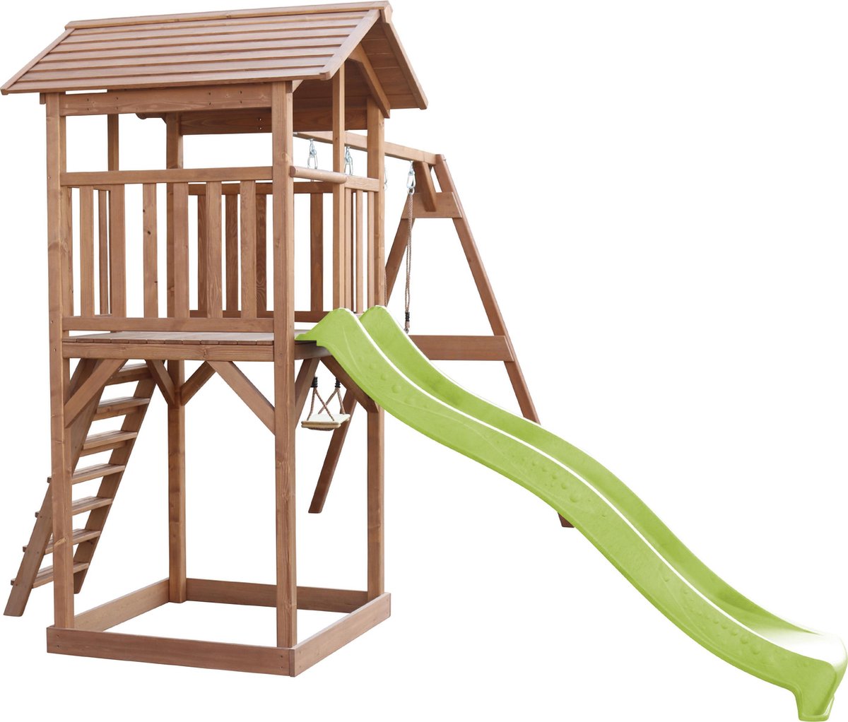 AXI Beach Tower Speeltoestel in Bruin - Speeltoren met Dubbele Schommel, Limoen Groene Glijbaan en Zandbak - FSC hout - Speelhuis op palen voor de tuin — afbeelding 10