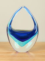 Glazen mandje/tasje blauw, 21 cm, glassculptuur, Glaskunst, Glasobject (2A014)