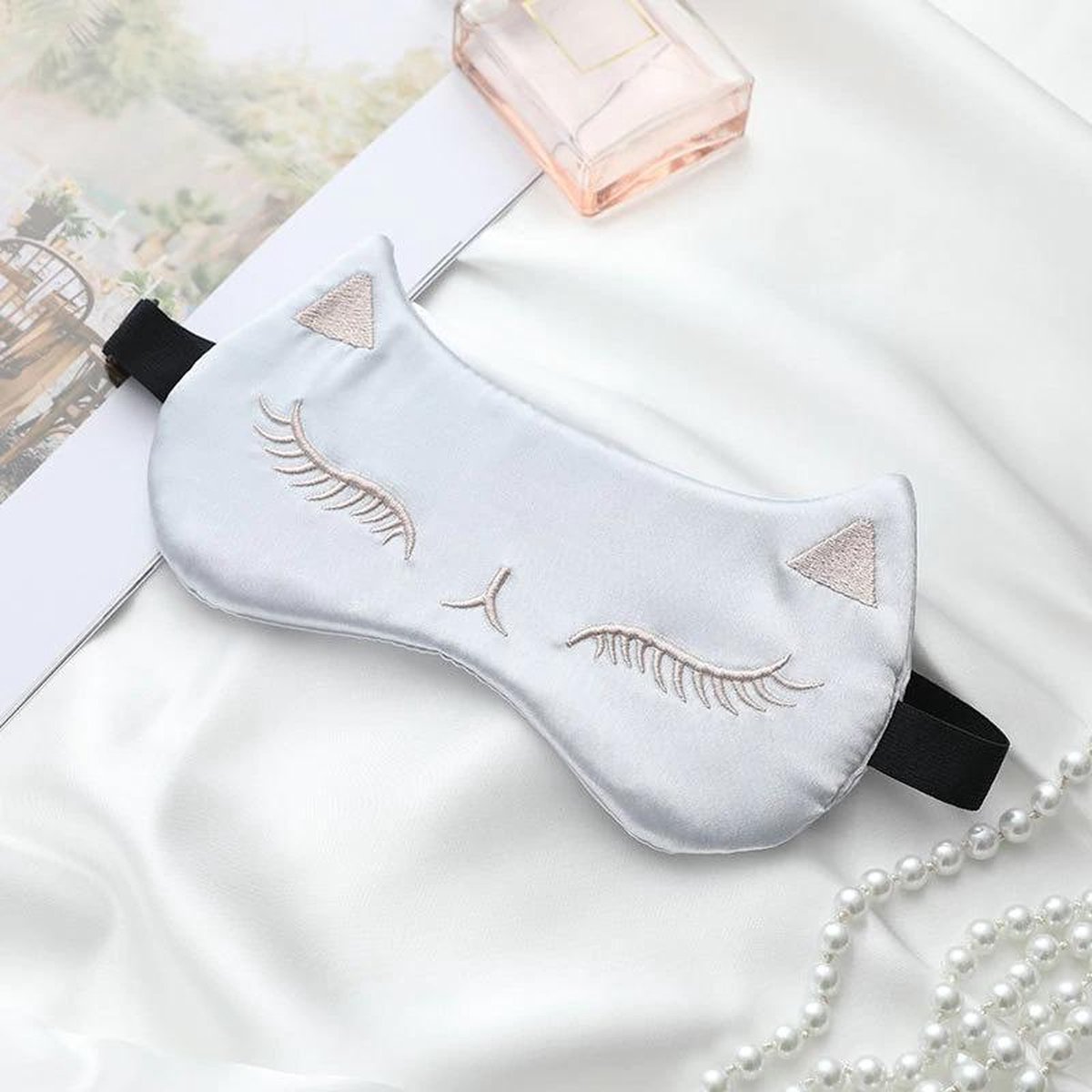 Premium Zijden Slaapmasker - 100% Moerbeizijde - Kat Slaapmasker - Zilver