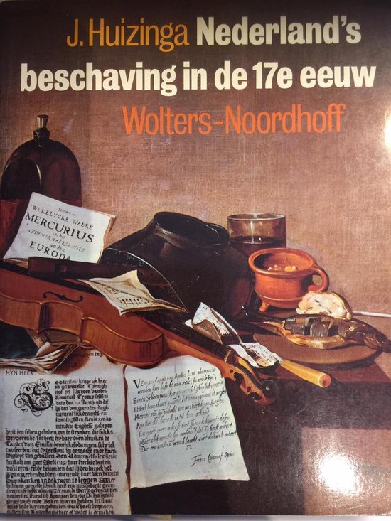 Een stillevensschilderij met een viool, bladmuziek, een pot, een vis en een boek.