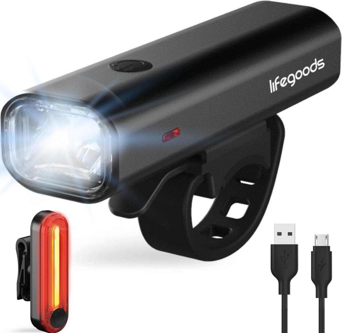 LifeGoods LED Fietsverlichting Set - Voorlicht en Achterlicht - USB Oplaadbaar - Zwart - LifeGoods