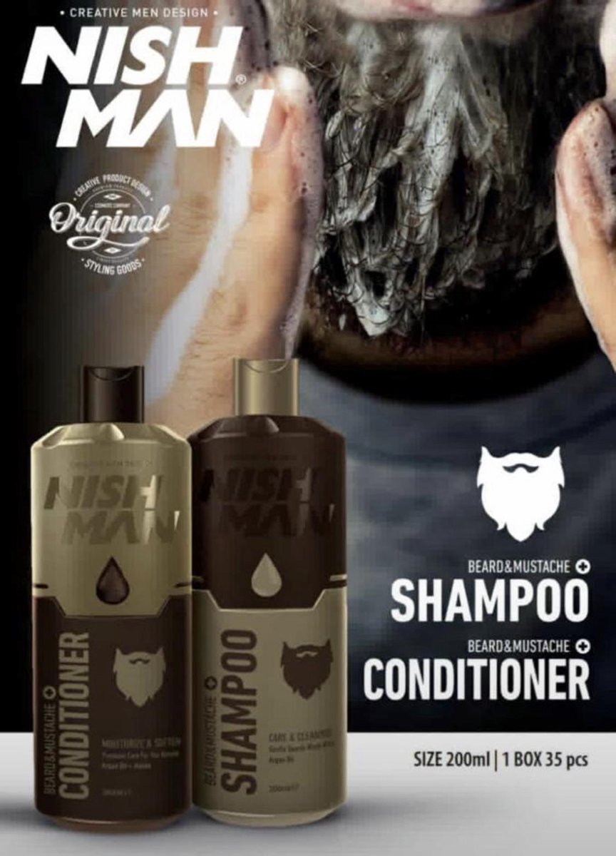 Nish Man | Baard en Snor Set | Shampoo en Conditioner | Panthenol | Parabenen Vrij | met Argan - Jajoba - Amandel - Olijf Olie | Set van 2 | 200 + 200 ML | Fles