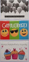 Hartelijk Gefeliciteerd + Gefeliciteerd + Gefeliciteerd met je Verjaardag - 3 Wenskaarten – 12 x 17 cm