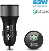NÖRDIC CARC-N1003 autolader 63W met 1xUSB C PD 45W, 1xUSB A 18W Quick charge 3.0 Qualcomm gecertificeerd, zwart