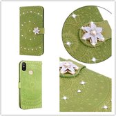 Voor Xiaomi Redmi Note 7 Pressed Printing Sticking Drill Pattern Horizontal Flip PU Leather Case with Holder & Card Slots & Wallet & & Lanyard (Groen)