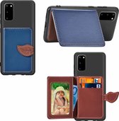 Voor Galaxy S20 Leaf Buckle Litchi Texture Card Holder PU + TPU Case met Card Slot & Wallet & Holder & Photo Frame (Blauw)