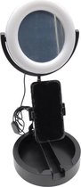 Decunoire Multifunctionele LED Make Up Spiegel Zwart - Met Tefefoon Houder- 3 Licht standen - Dimbaar - Vergrotende Spiegel