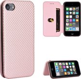 Voor iPod Touch 5/6/7 Carbon Fiber Texture Magnetische Horizontale Flip TPU + PC + PU Leather Case met Card Slot (Pink)