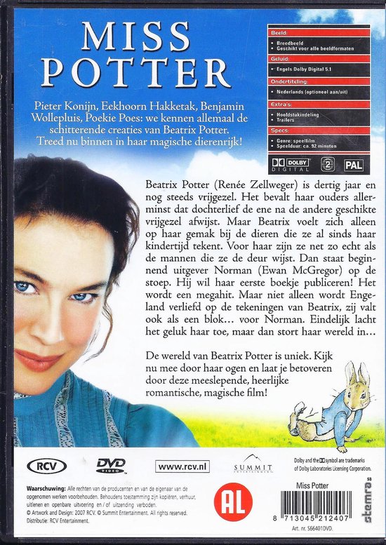 DVD-hoes van Miss Potter. Bevat Renée Zellweger, Benjamin Bunny, en beschrijving van de film.