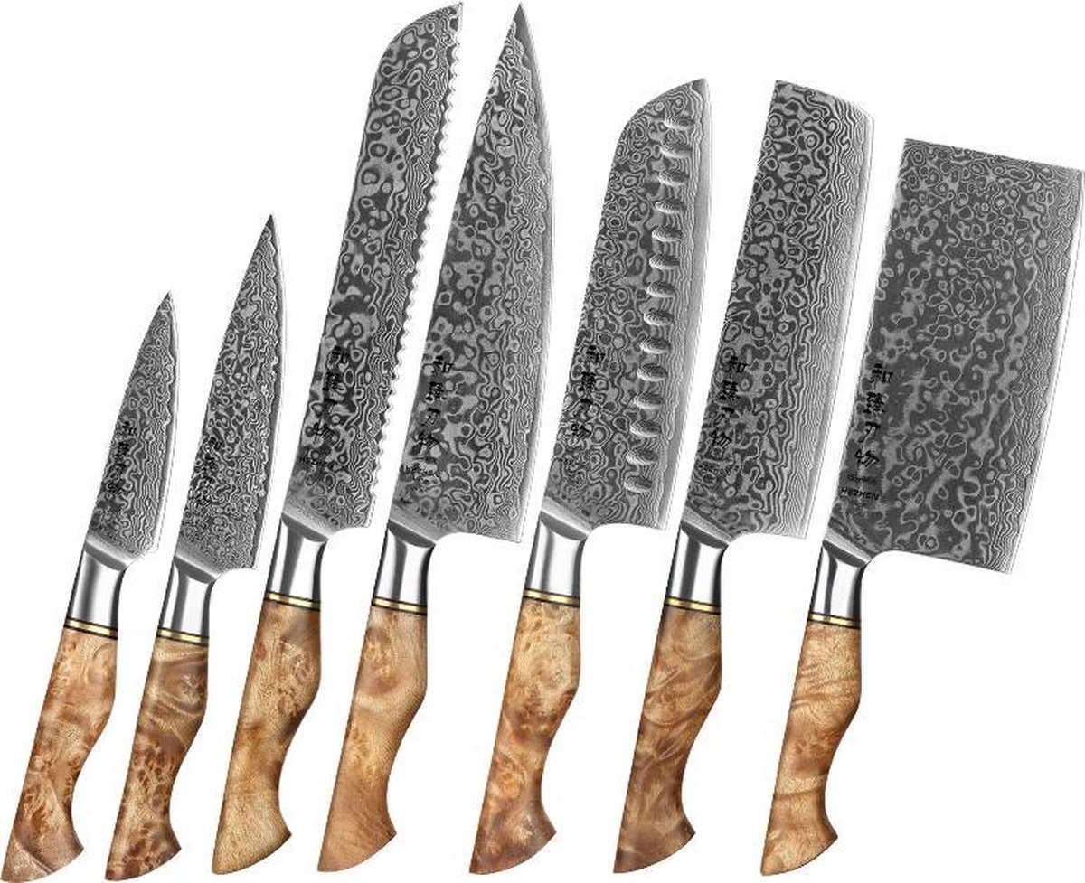 Luxe en Professionele 7-delige Keukenmessen-set van Damascus Staal (67 lagen) | HEZHEN B30 Series | Handvat van Plataanhout met Klinknagel Mozaïek | Koksmes + Broodmes + Nakiri Hakmes + Hakmes + Santokumes + Groentemes + Schilmes