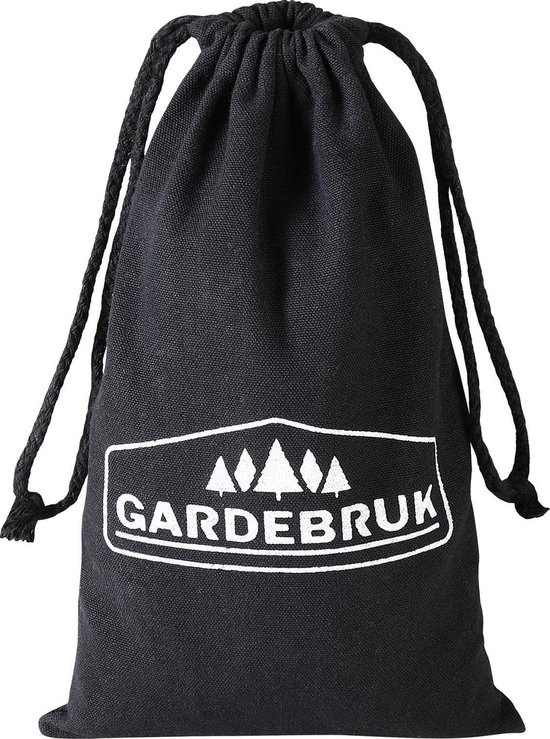 Zwarte stoffen zak met trekkoord en Gardebruk logo.