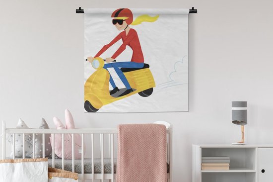Tapisserie illustration Vespa - Illustration d'une fille sur une Vespa jaune Tapisserie coton 90x90 cm - Tapisserie avec photo