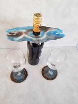 ByNonams Epoxy ResinArt wijnfleshouder met 2 bijpassende onderzetters bruin blauw wit