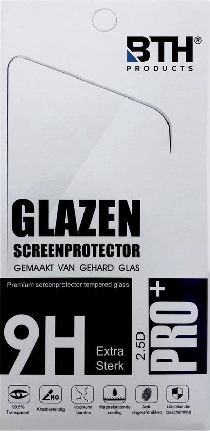 Verpakking BTH screenprotector van gehard glas, 9H, 2.5D Pro +, extra sterk, 99,5% transparant.