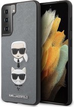 Zilver hoesje van Karl Lagerfeld - Backcover - Samsung Galaxy S21 Plus - Saffiano Ikonik Karl and Choupette Head