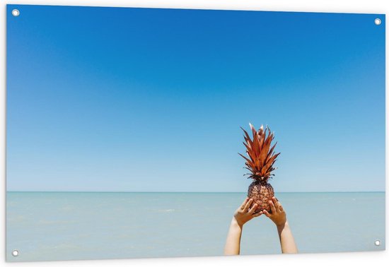 Tuinposter – Gouden Ananas bij Zee - 120x80cm Foto op Tuinposter  (wanddecoratie voor buiten en binnen)