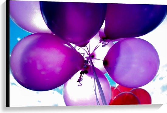 Canvas  - Paarse Ballonnen in de Lucht - 90x60cm Foto op Canvas Schilderij (Wanddecoratie op Canvas)