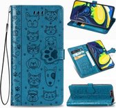 Voor Galaxy A80 / A90 schattige kat en hond reliëf horizontale flip lederen tas met beugel / kaartsleuf / portemonnee / lanyard (blauw)