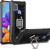 Voor Samsung Galaxy M31 koolstofvezel beschermhoes met 360 graden roterende ringhouder (zwart)