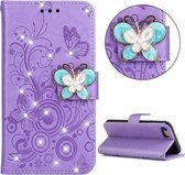 Voor iPhone SE 2020 Diamond Encrusted Butterflies Embossing Pattern Horizontale Flip lederen hoes met houder & kaartsleuven & portemonnee & lanyard (paars)