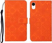 Etnische stijl reliëf patroon horizontale flip lederen tas met houder & kaartsleuven & portemonnee & lanyard voor iPhone XR (oranje)