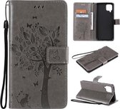 Voor Samsung Galaxy A12 Tree & Cat Pattern Pressed Printing Horizontale Flip PU lederen tas met houder & kaartsleuven & portemonnee & lanyard (grijs)