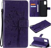 Voor Samsung Galaxy A02s Tree & Cat Pattern Pressed Printing Horizontale Flip PU lederen tas met houder & kaartsleuven & portemonnee & lanyard (paars)