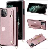 Voor iPhone 11 Pro Max polsband PU + TPU schokbestendige beschermhoes met crossbody lanyard & houder & kaartsleuf (roségoud)