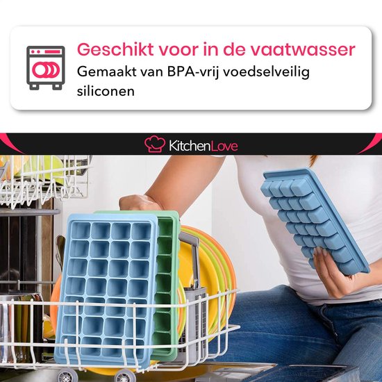 KitchenLove Siliconen IJsblokjesvorm met Deksel (2 Stuks) - 56 ijsblokjes - Vierkant - BPA Vrij - 100% Silicone - Groen & Blauw