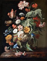 Kunst: Stilleven met bloemen en insecten van Rachel Ruysch. Schilderij op canvas, formaat is 45x100 CM