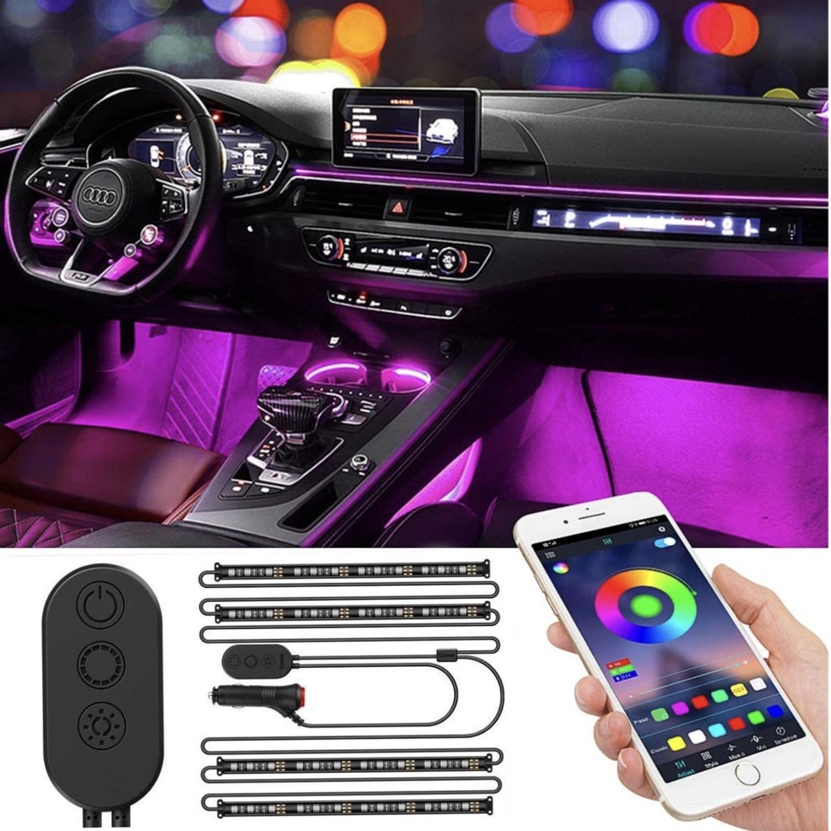Unilight - Auto Interieur LED Verlichting Met App - LED strip - Auto Verlichting - Bluetooth LED strips - RGB Binnenverlichting LED Strips - Auto Sfeerverlichting - Auto Accessories - LED Strip - auto led